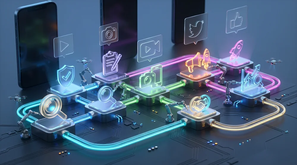 A flowchart showing a micro-influencer partnership pipeline discover → vet → brief → create → whitelist/boost → measure → ren