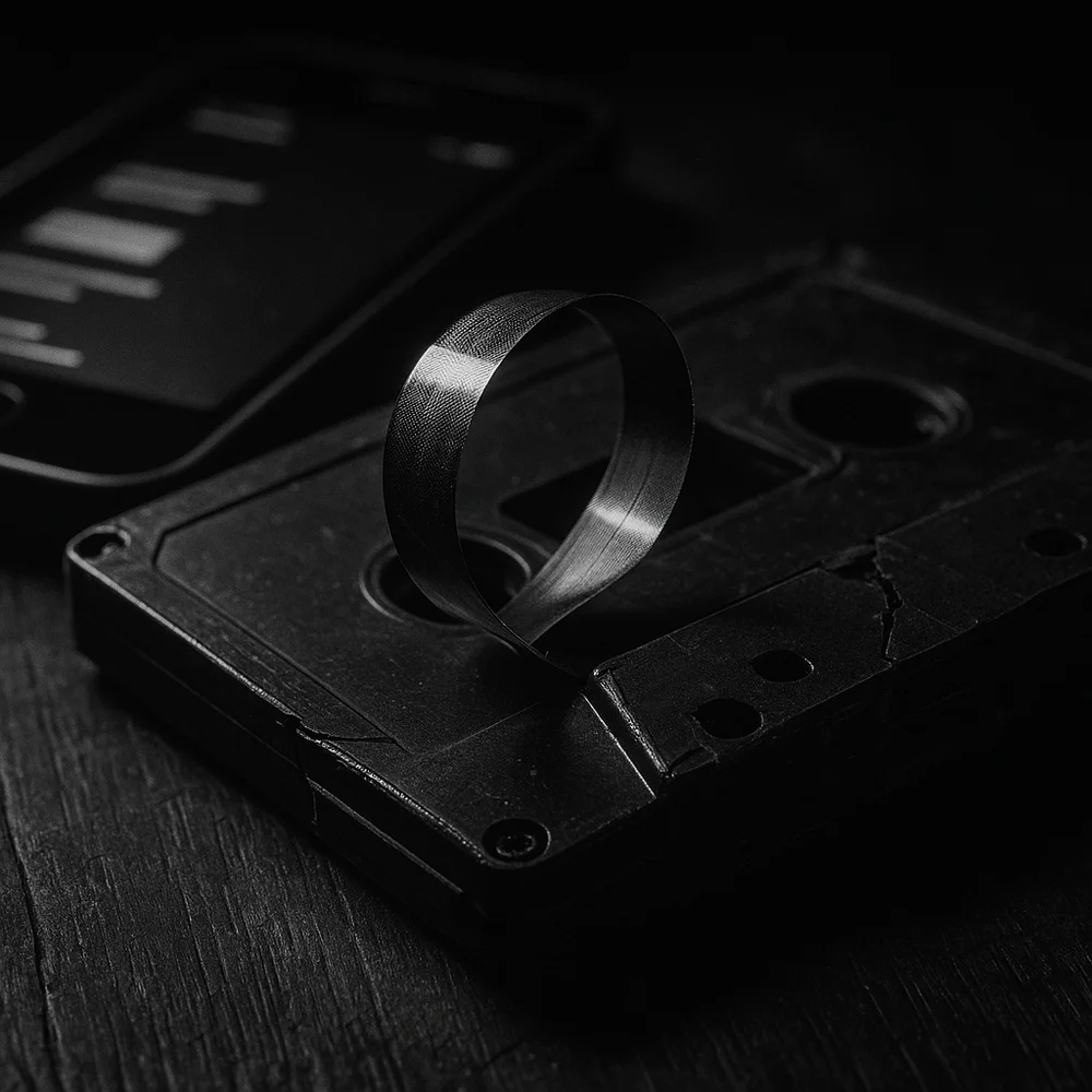 A film-noir style close-macro image of a phone screen showing a TikTok-like interface reflected in a nostalgic object (e.g. a