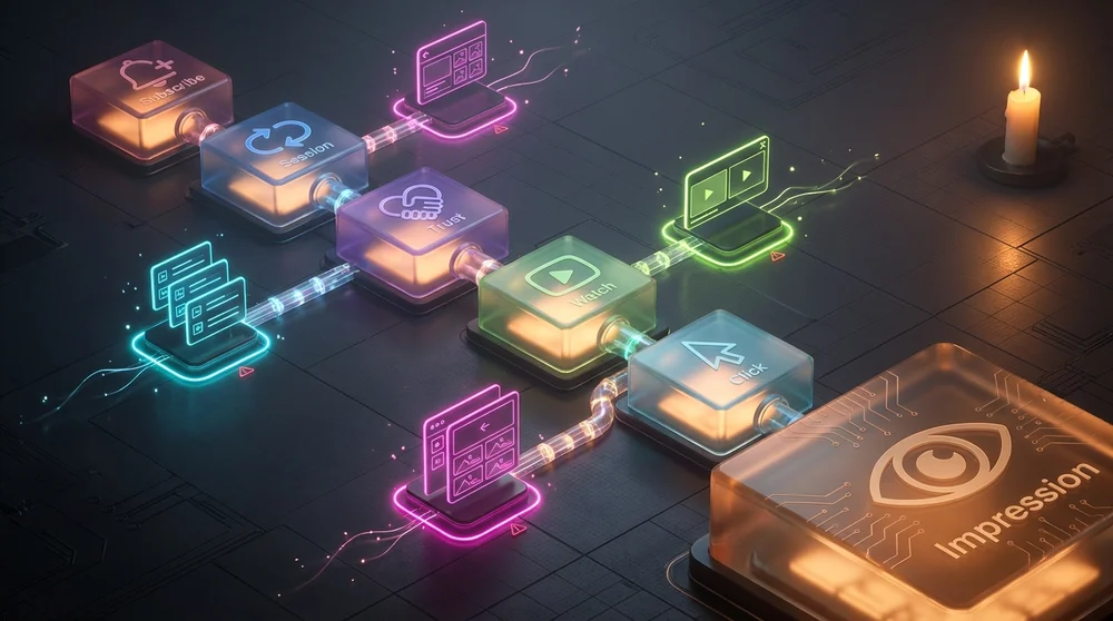 Isometric funnel diagram labeled Impression → Click → Watch → Trust → Session → Subscribe with neon highlights on common leak