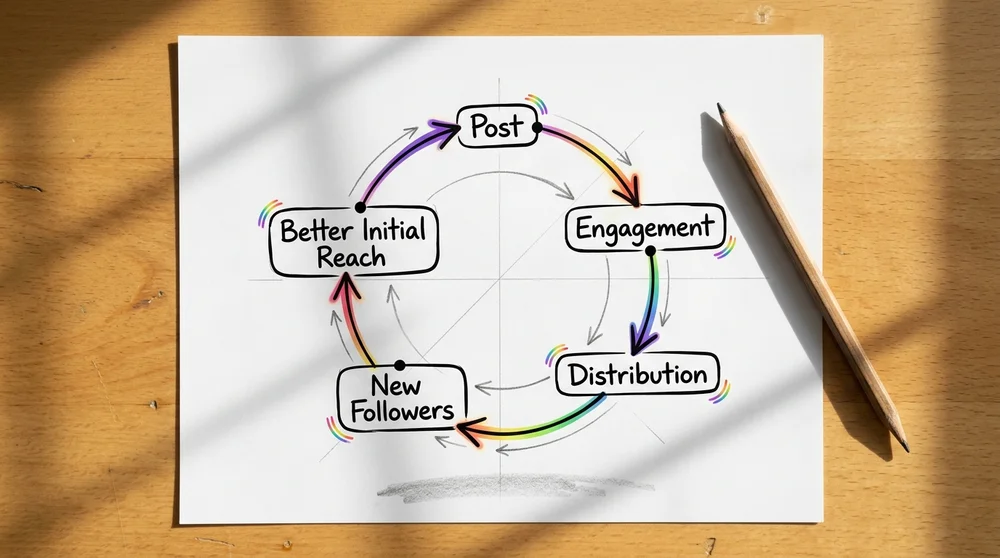 Hand-drawn sketch diagram on white paper lit by natural daylight a simple ‘Momentum flywheel’ showing Post → Engagement → Dis