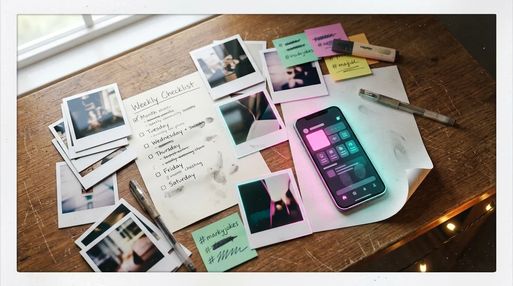 Polaroid-style collage of a creator’s desk with a weekly ritual checklist a phone showing a recurring community prompt and ha