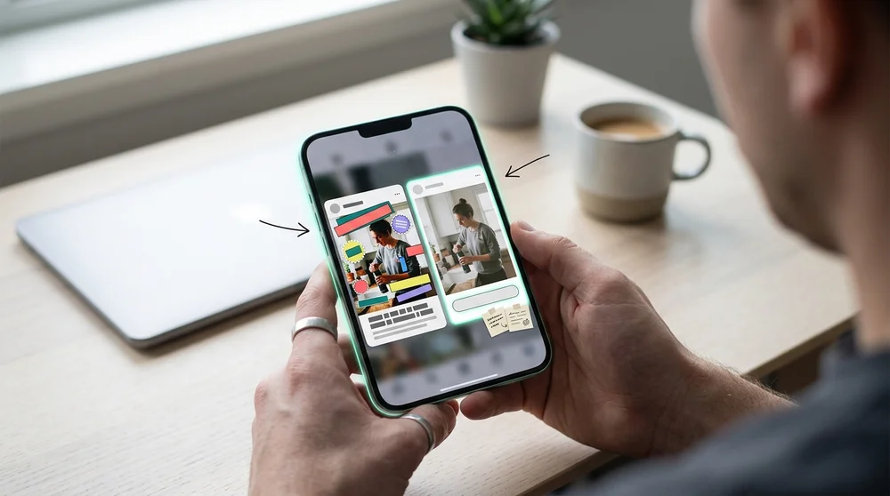 A “before vs after” visual of the same UGC post left is overly polished/brandified right is lightly curated with simple capti
