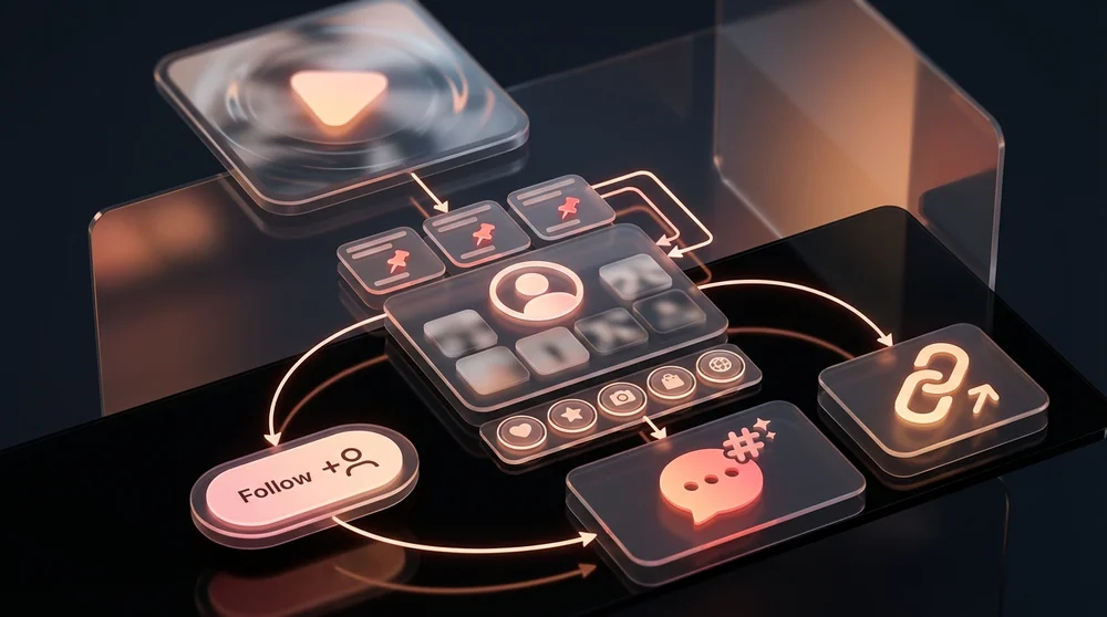 A compact funnel graphic mapping Reels viewer → profile → (follow OR DM keyword OR link tap) including where pins and Highlig