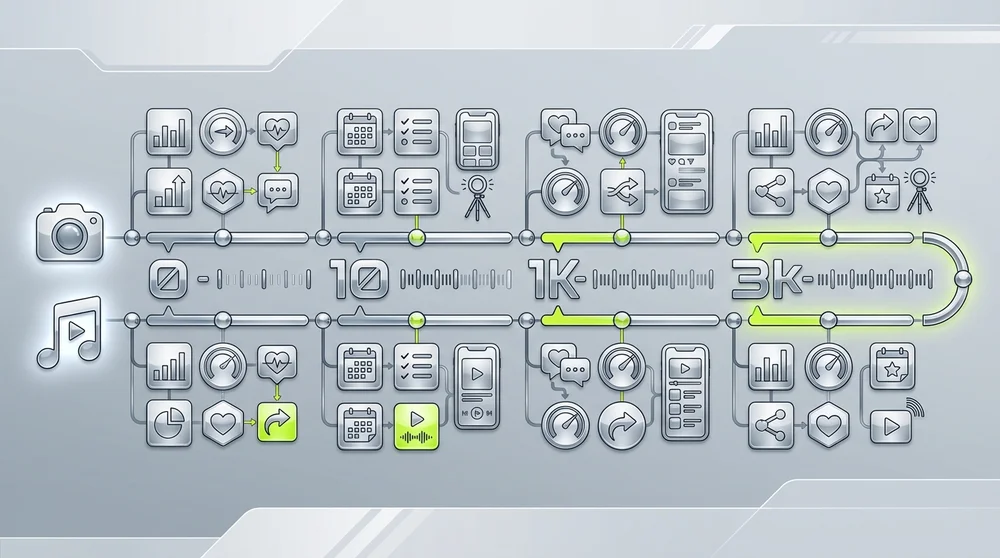 Wide milestone roadmap graphic showing 0–100 100–1K 1K–3K 3K–10K with key focus metrics and actions for Instagram and TikTok 