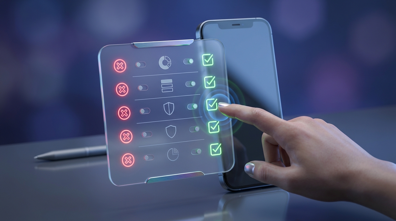 Minimalist 3D ‘red flags vs green flags’ checklist on a floating UI card beside a smartphone futuristic-chrome palette and bl