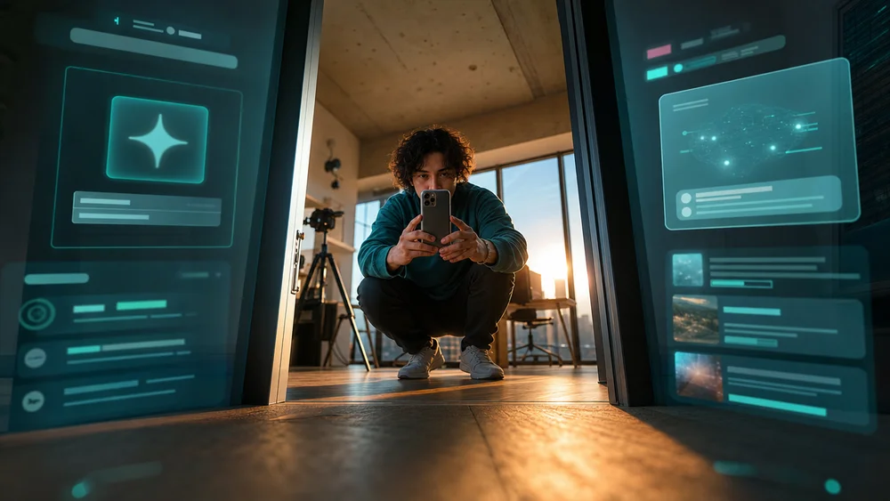 A worm’s-eye view of a creator filming a short-form video through a doorway or screen frame with caption blocks and AI summar