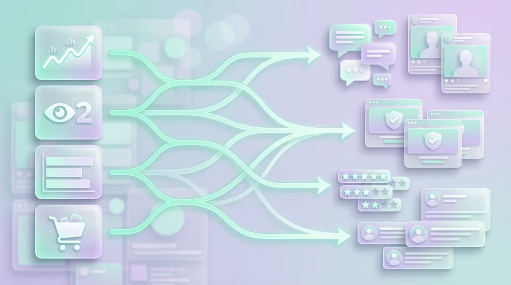 A 169 decision-tree style troubleshooting graphic symptoms on the left (e.g. views up/sales flat) leading to recommended real