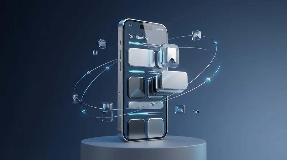 Minimalist 3D phone mockup showing an abstract Reel timeline and a carousel ‘save’ icon with floating content blocks and anal