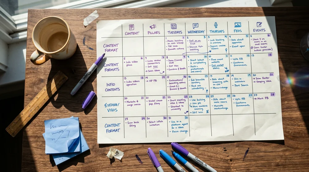 A simple 14-day content calendar grid showing pillars across the top and formats down the side filled with example video prom