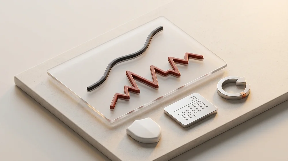 Minimalist 3D 'risk dashboard' concept a simple line chart with smooth growth vs a spiky line plus icons for shield (security