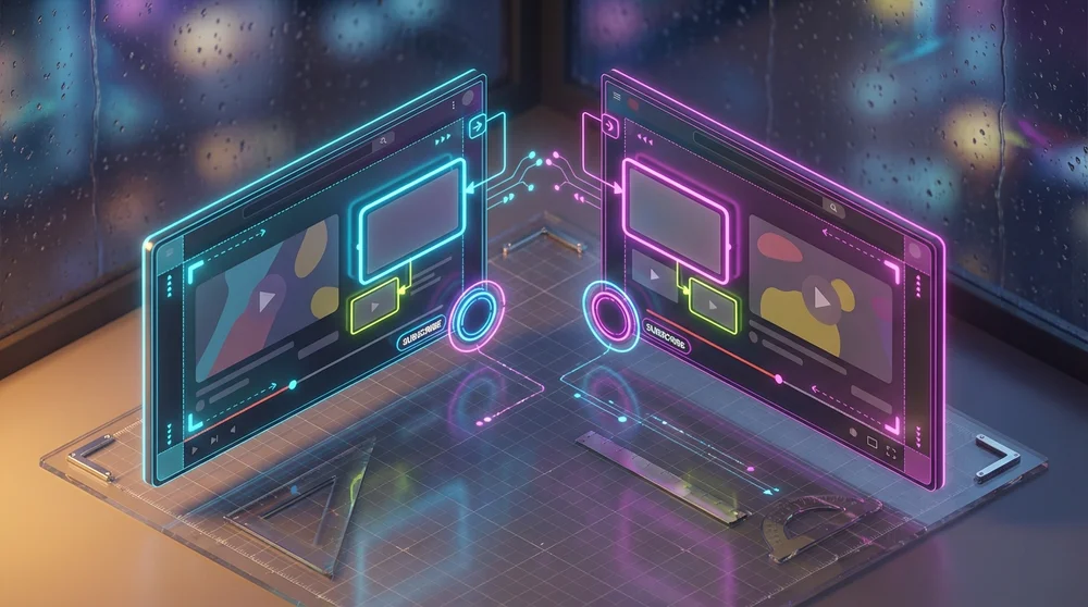 End screen layout examples (two variants) with neon callouts ‘Best for viewer’ vs ‘Next in series’ subscribe button placement