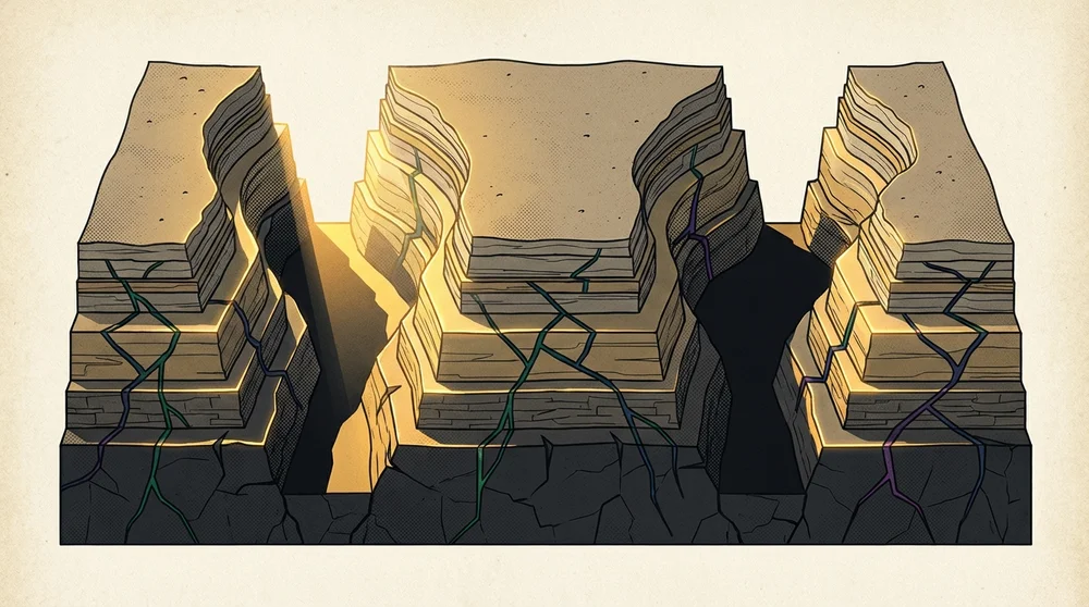 Birds-eye diagram of a Discord role hierarchy as stacked layers (Staff System Identity Progress) with deep-jewel color blocks