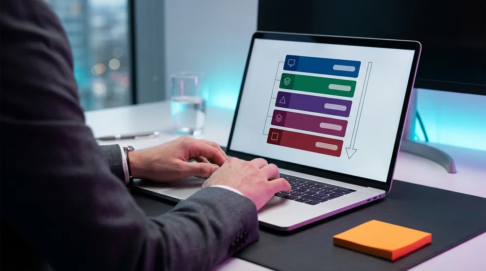 A clean visual diagram titled “LinkedIn Credibility Stack” showing 7 stacked blocks (Assets 1–7) with short labels and a note