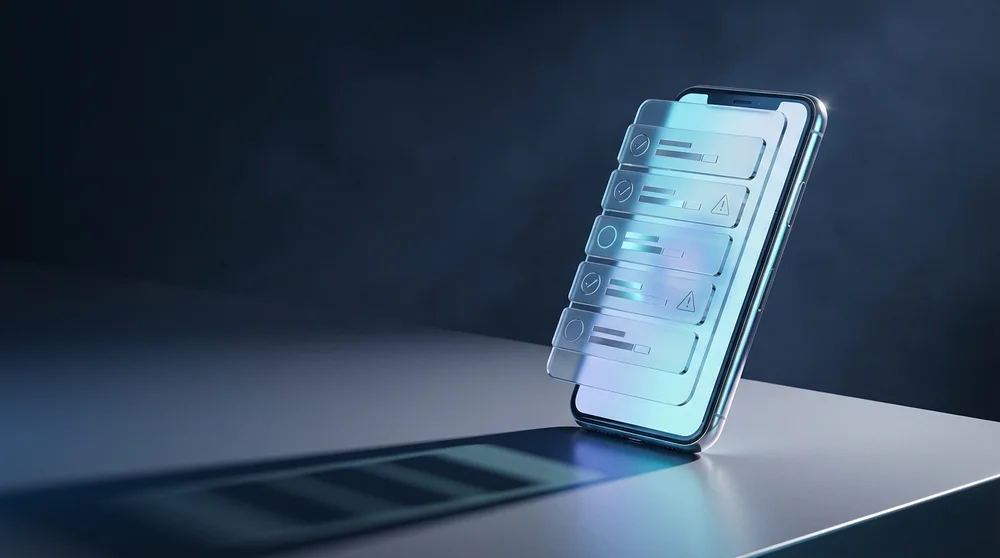 Minimalist 3D scene of a smartphone with a simple ‘policy checklist’ UI overlay and subtle warning/approval icons—no platform