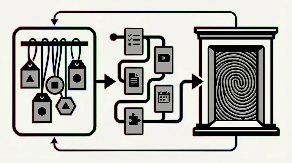 Simple visual diagram showing a Facebook Group content architecture Topics as tags Guides as curated paths Featured as the fr