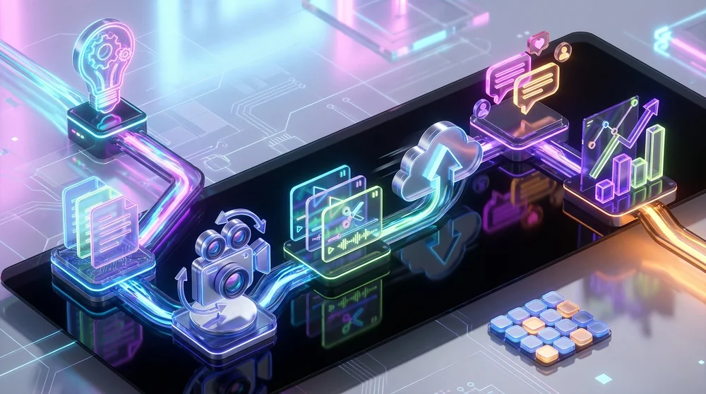 A wide ‘TikTok content system’ workflow diagram (Ideas → Scripts → Batch film → Edit → Post → Engage → Analyze) with a weekly