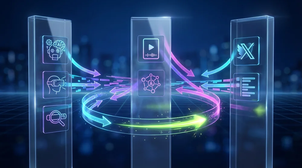 Wide hero-style visual showing three columns for Instagram TikTok and Twitter/X with 2026 trend keywords (AI AR search short 