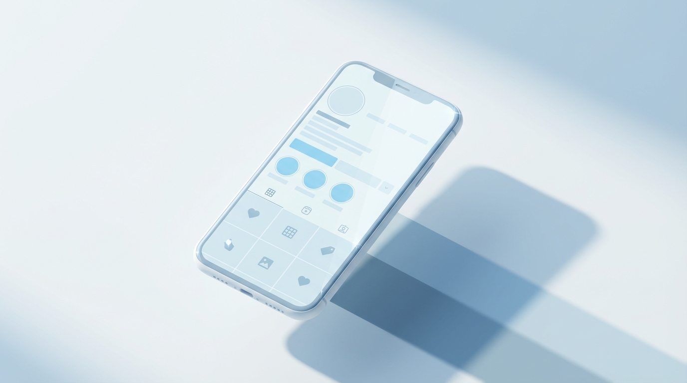 Minimal moonlit-ethereal Instagram profile mockup showing bio sections pinned posts and highlight covers with sky-azure accen