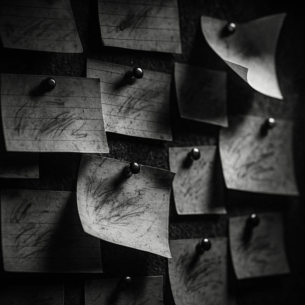 A film-noir monochrome-contrast close-macro ‘framework board’ visual sticky notes or cards labeled with nostalgia TikTok temp