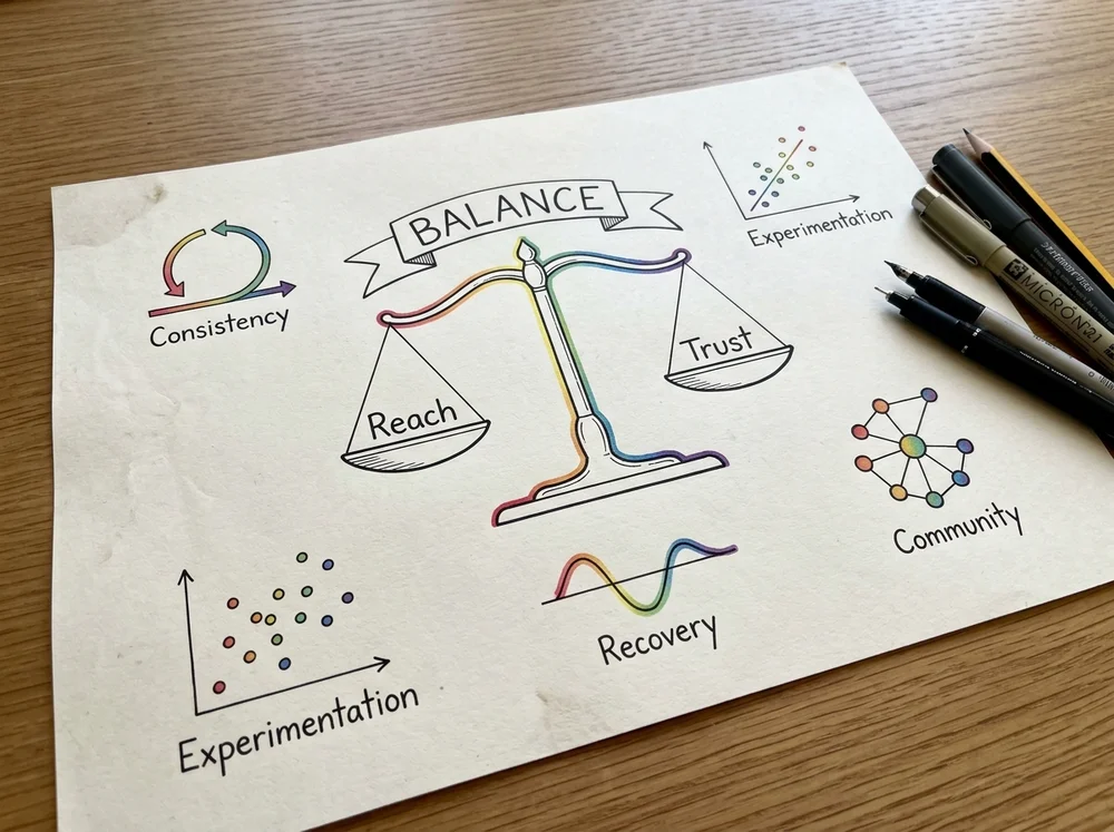 Hand-drawn sketch on a desk in natural daylight a balance scale labeled ‘Reach’ and ‘Trust’ with rainbow-gradient accent shad