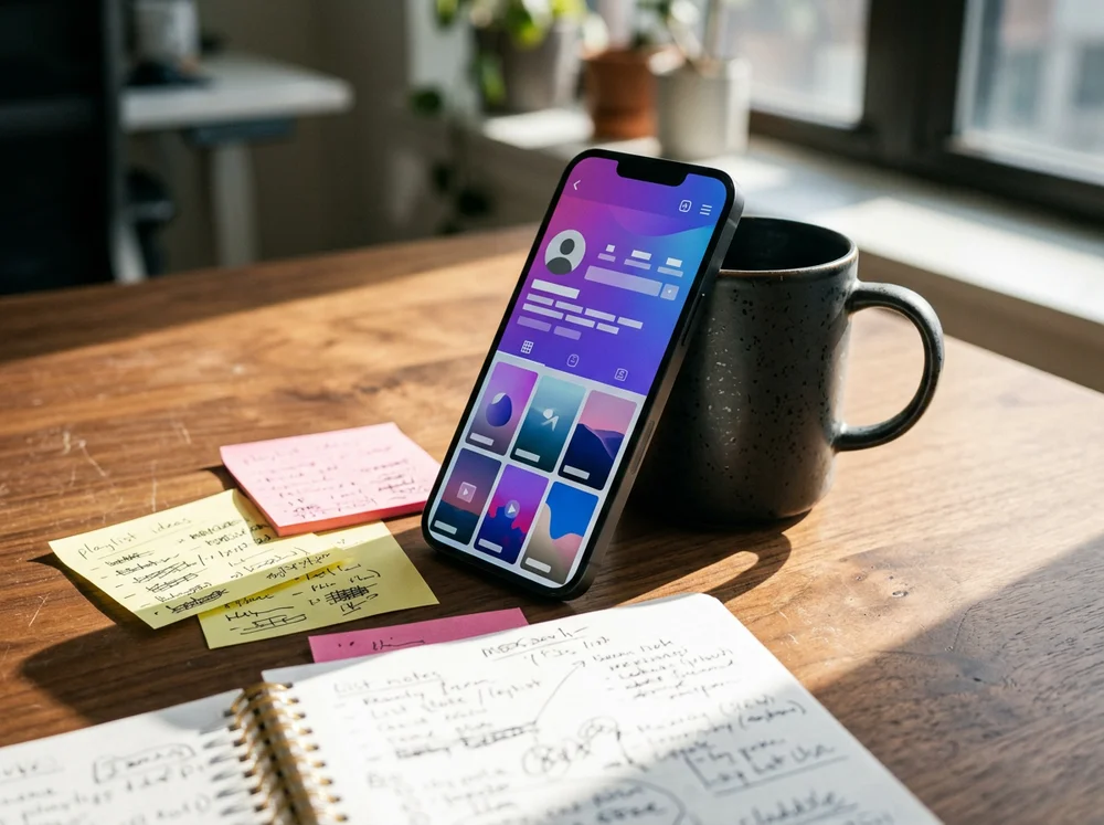 A mock TikTok profile screenshot-style layout showing an optimized bio pinned videos and playlist naming for a micro-niche.