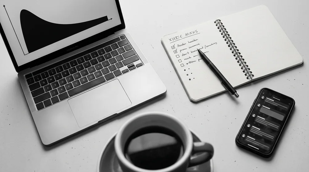 Bird’s-eye studio-bright monochrome-contrast analytics scene laptop with retention graph notebook with checklist titled “Sens