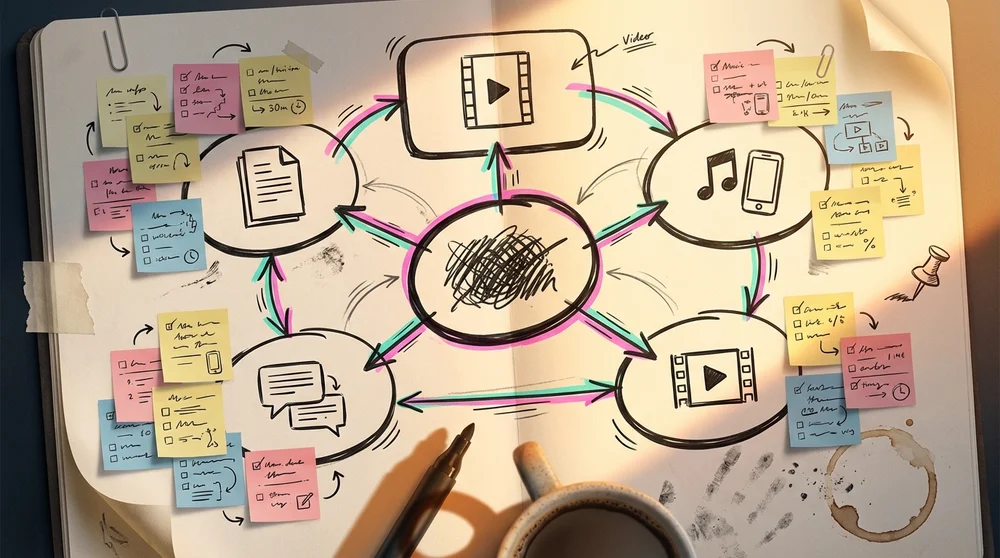 A birds-eye hand-drawn process diagram titled “Core Asset → Variants” showing a central ‘Core’ node branching into platform-n