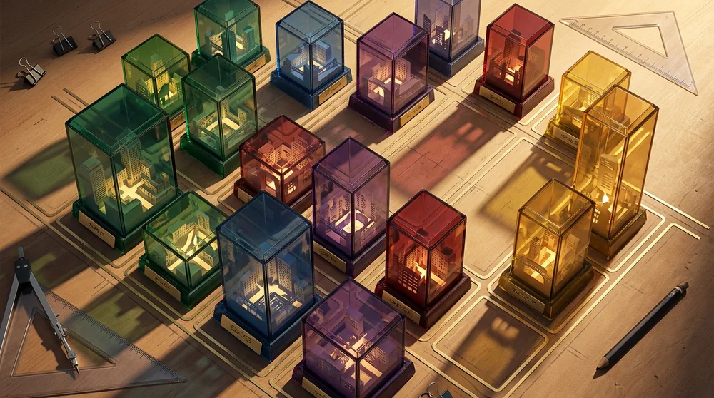 Birds-eye ‘server map’ showing Discord categories as columns with channel chips inside each column deep-jewel palette backlit