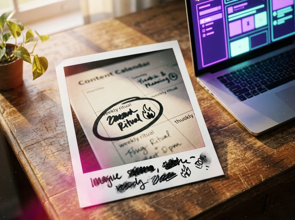 Polaroid-style photo of a simple content calendar labeled with a recurring weekly ritual plus a phone/laptop showing a pinned