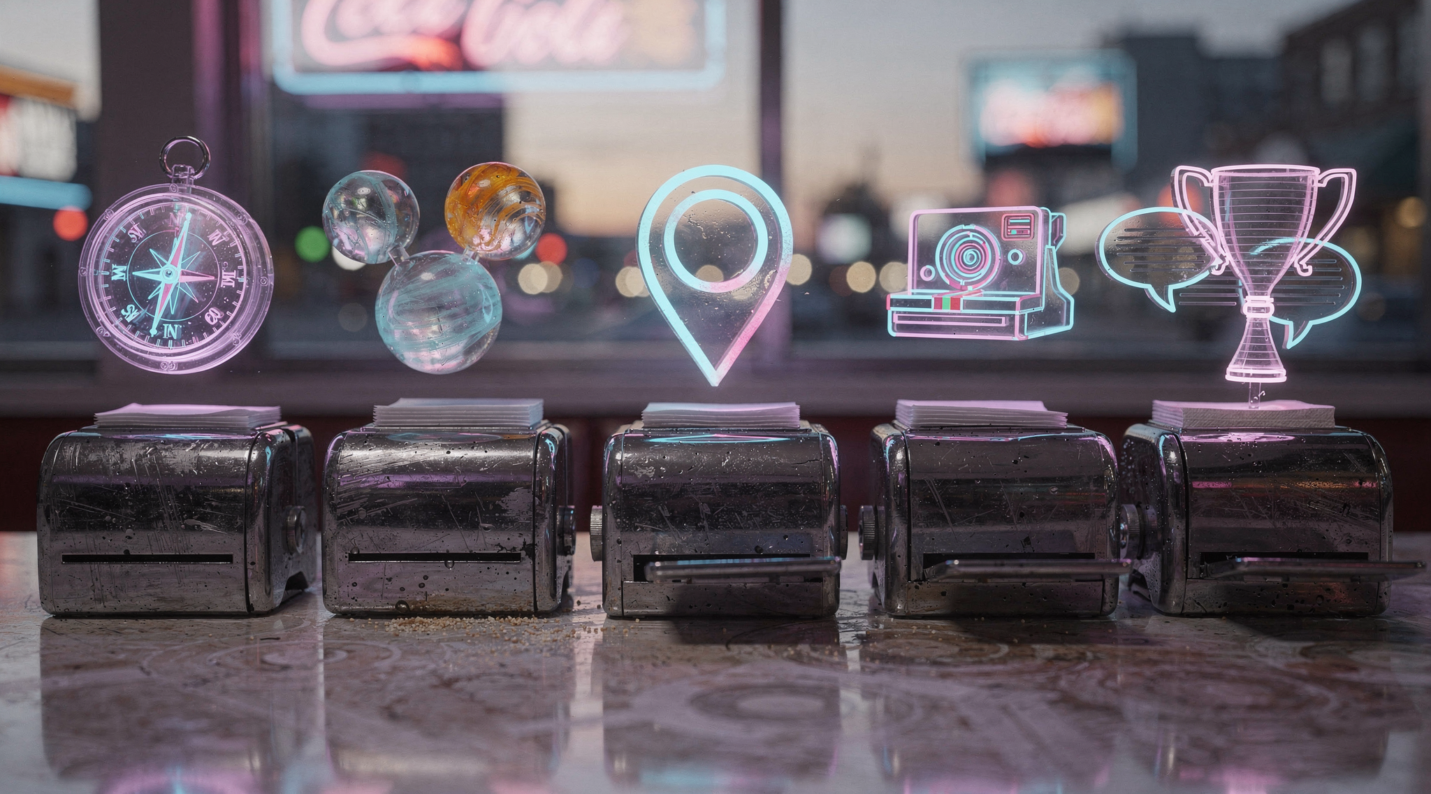 A cyber-neon shallow-bokeh workflow diagram labeled ‘Arrive → Capture 3 anchors → Add Place tag → Post Public Story → Engage 