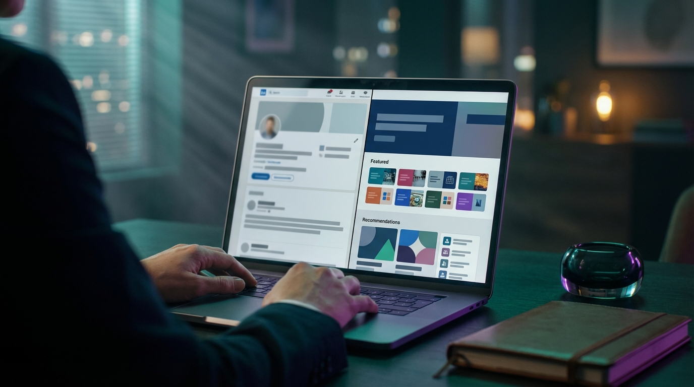 An anonymized before/after LinkedIn profile mockup (blurred name/photo) highlighting changes in Headline Featured items and R