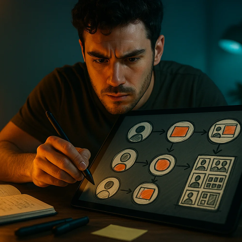 A clean workflow diagram labeled ‘10-minute thumbnail system’ with 6 steps plus small thumbnail mock examples at each step (d