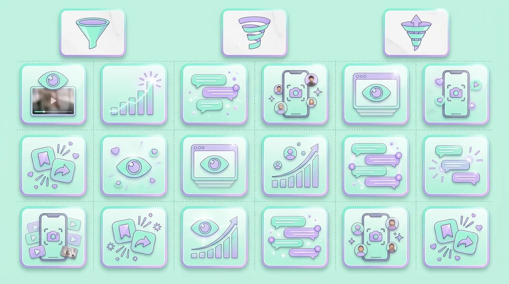 A 169 matrix graphic columns = funnel stages (Awareness Consideration Conversion) rows = platforms (TikTok Instagram YouTube 