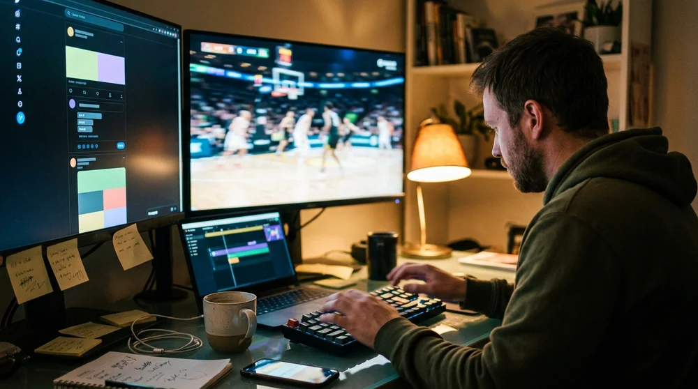 A realistic split-screen style scene showing a creator preparing different social media formats for a live sports moment shor
