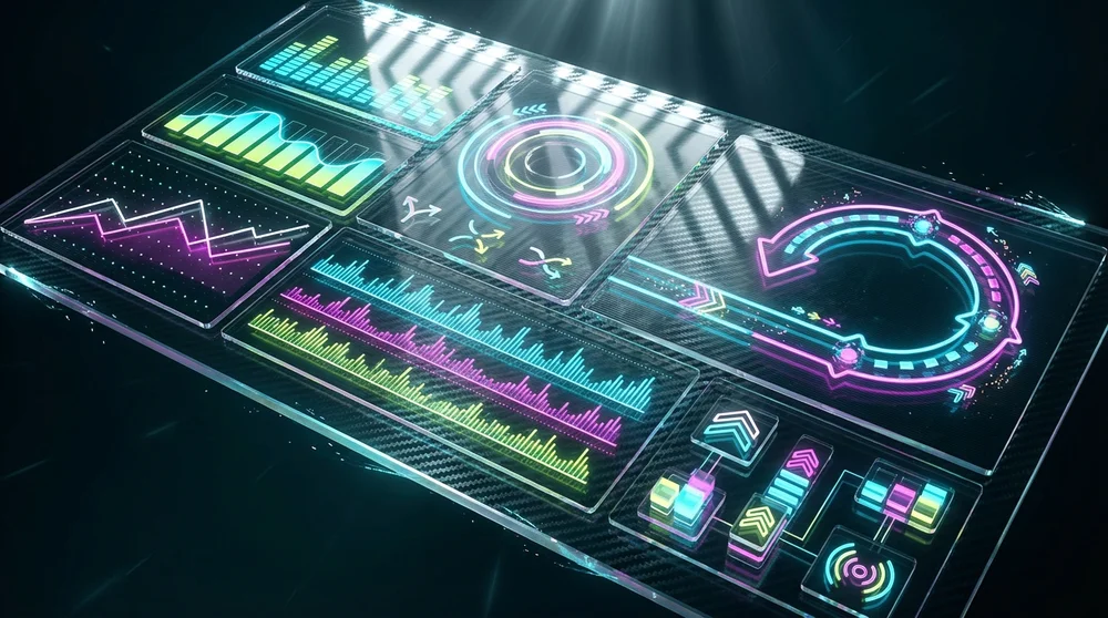 A wide analytics-style chart/dashboard mockup showing key TikTok metrics (Watch Time Completion Rate Shares Saves Follows) an