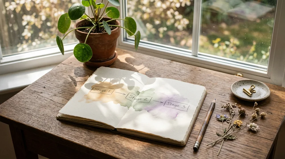 A soft-window lit workspace scene with a small plant next to a notebook showing a simple “Soil → Promise → Pillars” framework