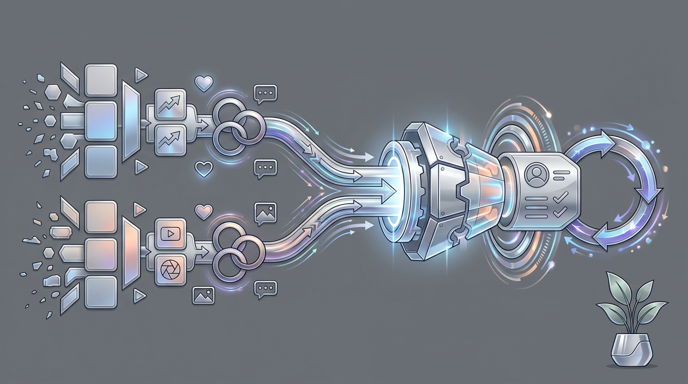 Wide funnel diagram illustrating hybrid growth organic content system + collaboration + light engagement support leading to h
