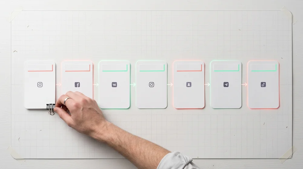 A simple workflow diagram of a UGC pipeline Source → Permission → Tag → Edit (light) → Format Variations → Publish → Performa