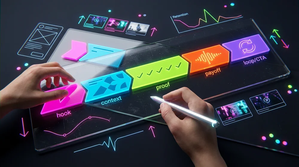 A wide storyboard-style retention blueprint showing a TikTok timeline with labeled segments Hook (0–2s) Context (2–5s) Proof 