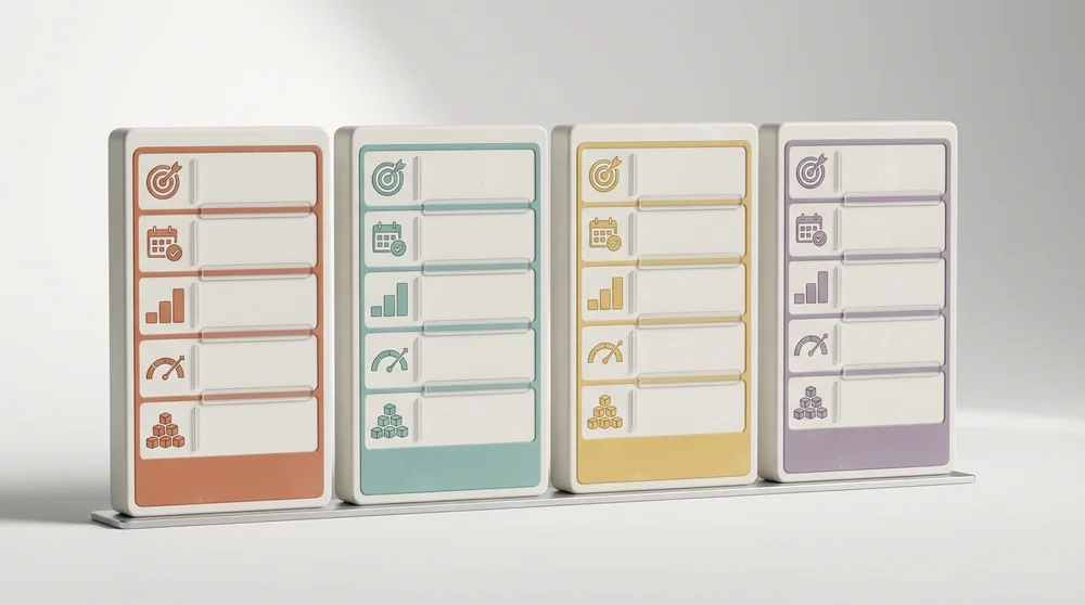 Wide comparison table graphic with 4 columns (Creator eCom Agency Artist) and rows for goal content plan follower pacing KPI 