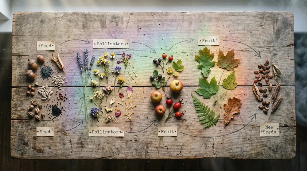 A simple garden-themed flow diagram “Seed (post) → Pollinators (collabs/comments) → Fruit (shares/saves) → Seeds (new followe