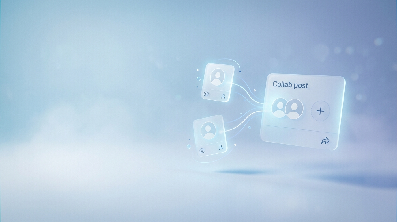 Minimal collaboration concept image two creator profile cards merging into one Collab post clean pastel/sky-azure tones with 