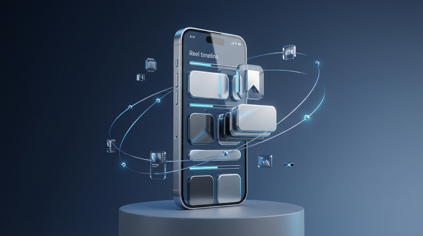 Minimalist 3D phone mockup showing an abstract Reel timeline and a carousel ‘save’ icon with floating content blocks and anal