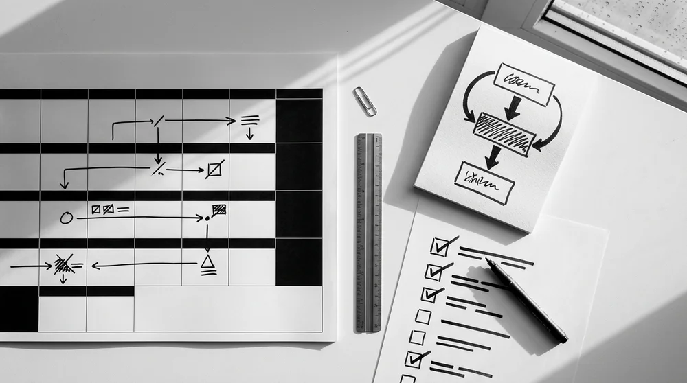 Bird’s-eye studio-bright monochrome-contrast planning scene calendar content plan labeled “Series” simple funnel arrows (Post
