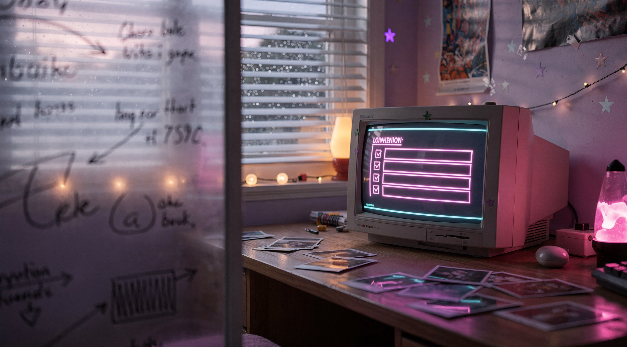 A cyber-neon shallow-bokeh ‘checklist’ style visual showing a Snapchat-like profile/settings screen mock Public Profile toggl