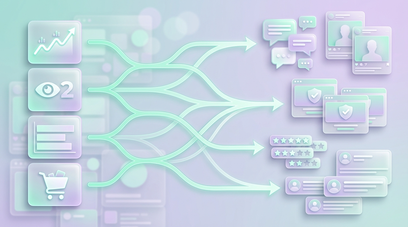 A 169 decision-tree style troubleshooting graphic symptoms on the left (e.g. views up/sales flat) leading to recommended real