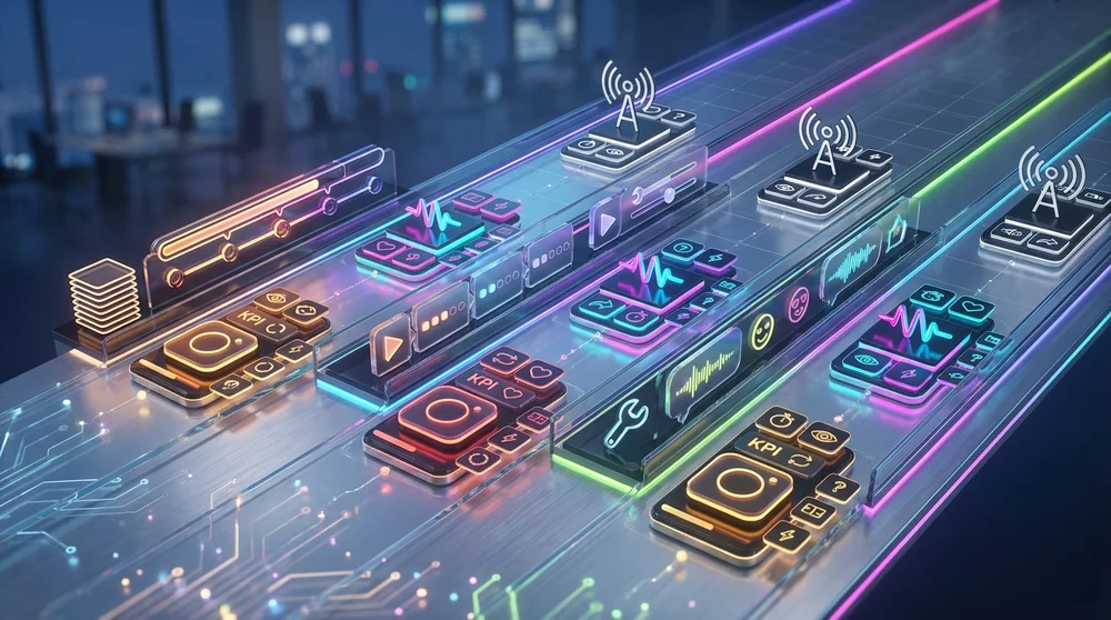 A simple 3-lane diagram showing three short-video formats (Series Tutorial Commentary) with hook examples and the primary KPI