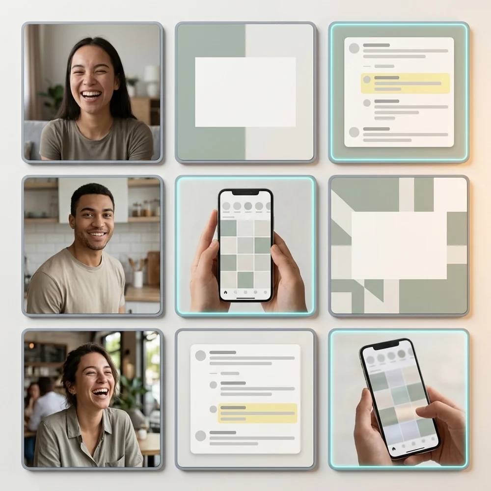 A social-grid collage mock showing 9 UGC tiles in different formats (video stills comment screenshots short quote cards) arra