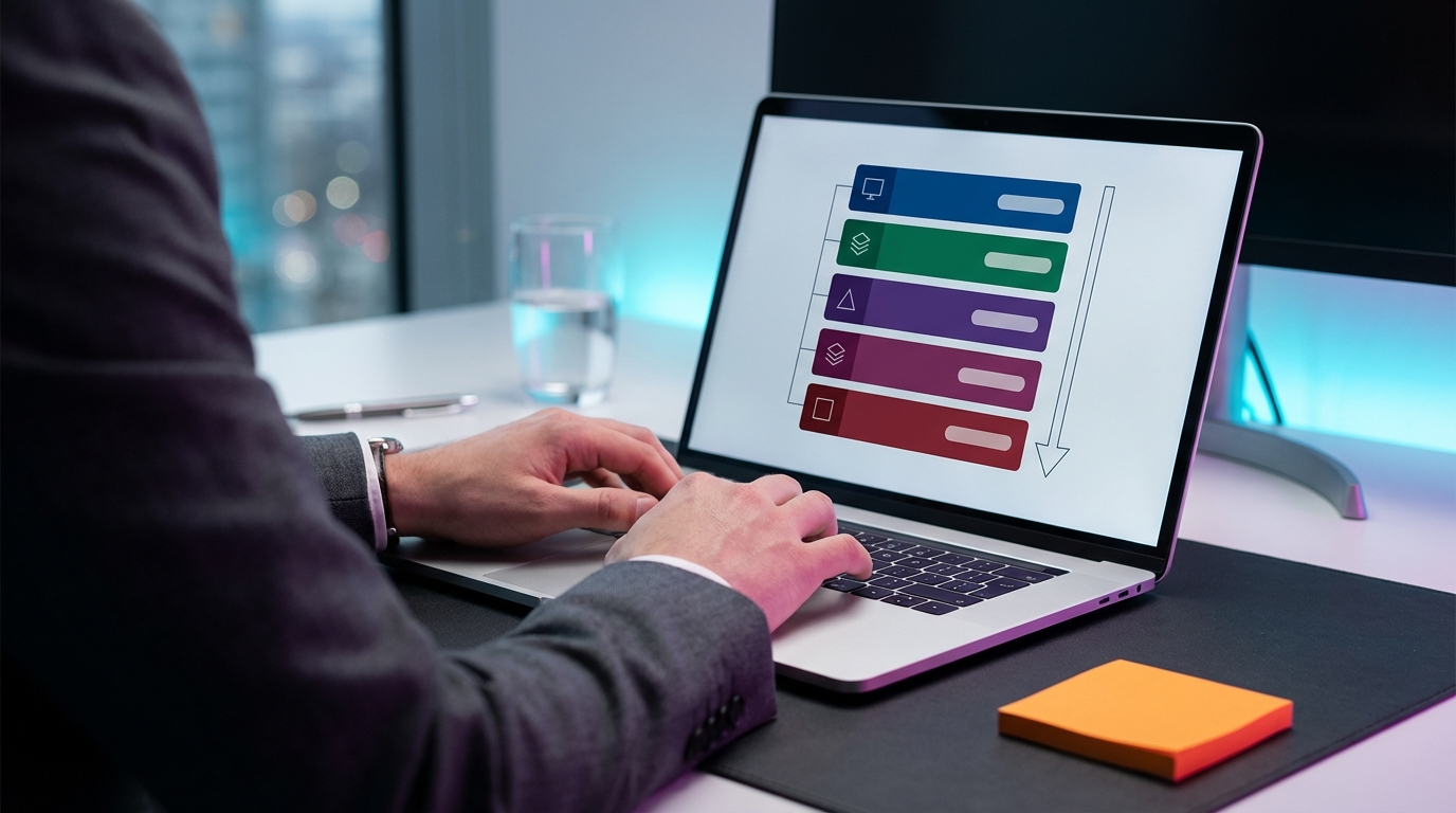 A clean visual diagram titled “LinkedIn Credibility Stack” showing 7 stacked blocks (Assets 1–7) with short labels and a note