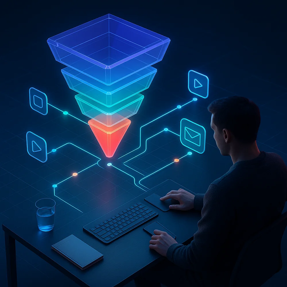 A cross-platform funnel diagram showing segmentation branches (New / Warm / Buyer / Community) and tailored next steps (e.g. 